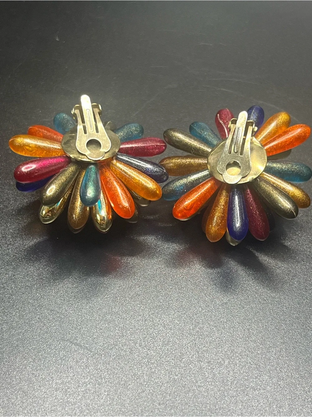 Vintage Multicolor Lucite Starburst Clip On Earrings Atomic Flower.  Amazing!!